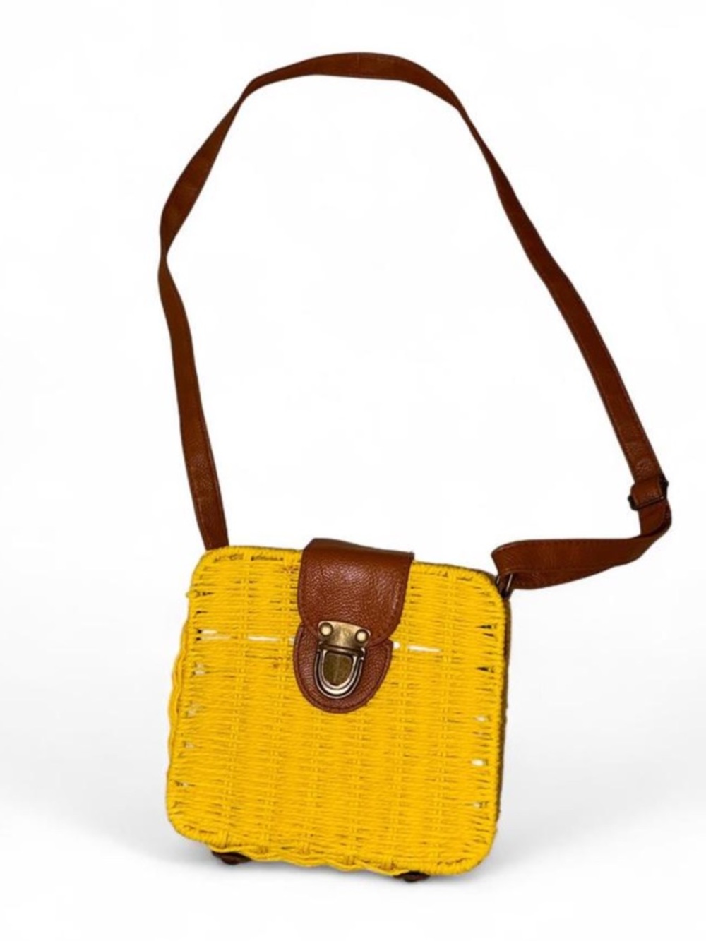 Yellow Woven Wicker Crossbody Bag with Brown Strap